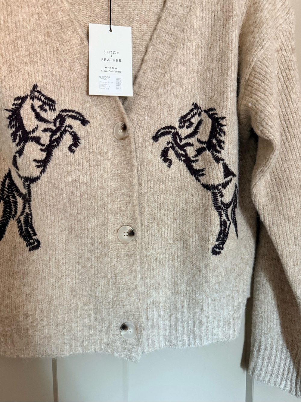 Stitch and Feather Beige Horse Cardigan Sweater NWT M/L - Picture 5 of 6